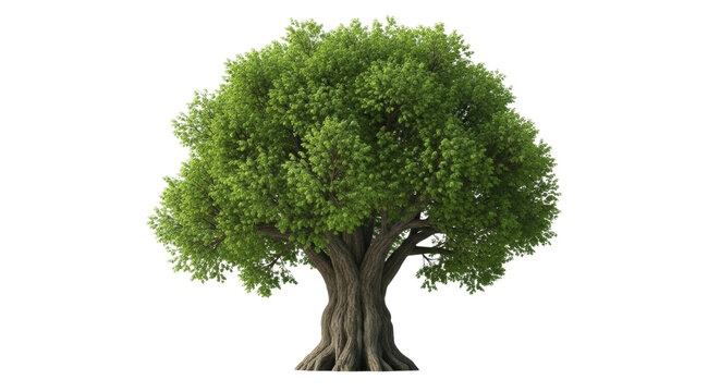 A beautiful, large deciduous tree with a wide, rounded crown of dense green foliage and a strong, textured brown trunk, representing growth, nature, and ecology - Powered by Adobe