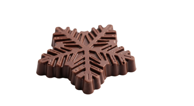 An elegant milk chocolate confection molded into the intricate shape of a snowflake, showcasing its detailed crystalline pattern and smooth, glossy surface for a festive treat