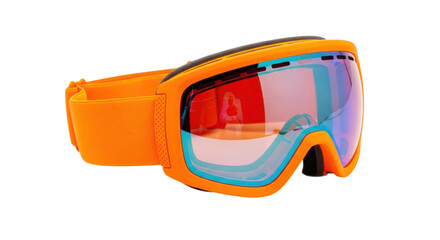 Modern and stylish orange ski goggles with a multi-colored reflective lens, soft foam padding, and a textured elastic strap for protection during winter sports