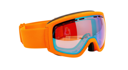 Modern and stylish orange ski goggles with a multi-colored reflective lens, soft foam padding, and a textured elastic strap for protection during winter sports