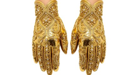 A pair of luxurious golden gloves with intricate filigree patterns and sparkling diamond embellishments, showcasing opulent craftsmanship and elegant high fashion design