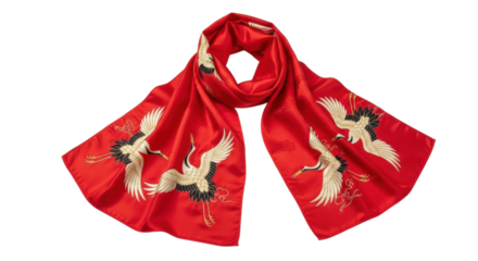 A luxurious red silk scarf, beautifully draped and folded, featuring an elegant traditional Asian pattern of flying cranes with intricate details