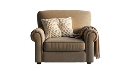 A cozy beige armchair with rolled arms is decorated with a soft throw blanket and two chunky knit cream pillows, creating a warm and inviting piece of classic furniture
