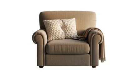 A cozy beige armchair with rolled arms is decorated with a soft throw blanket and two chunky knit cream pillows, creating a warm and inviting piece of classic furniture