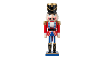 A traditional wooden nutcracker soldier figurine in a festive red and blue uniform with a tall black hat and gold details stands at attention for the holiday season
