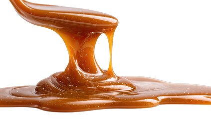 Droplets of golden, gooey caramel pour from a spoon against a stark black background