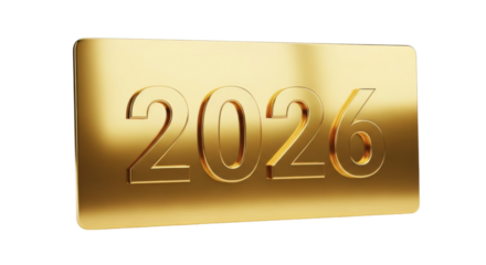 A luxurious golden plaque with the number 2026 embossed on its surface, featuring a shiny metallic texture and elegant reflections from studio lighting