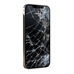 A cracked smartphone screen, rendered in close-up, isolated against a black backdrop