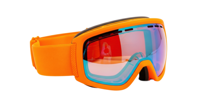 Modern and stylish orange ski goggles with a multi-colored reflective lens, soft foam padding, and a textured elastic strap for protection during winter sports