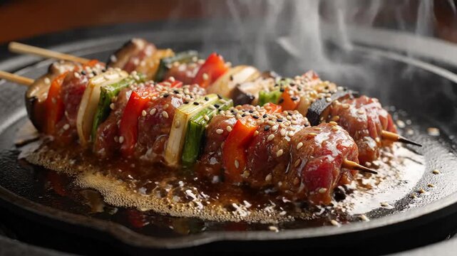 Steaming beef skewers sizzle on a grill, marinated with sesame seeds and spices, perfect for a cozy autumn barbecue, juicy and flavorful dining experience