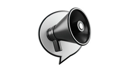 A 3D render of a black megaphone inside a white speech bubble on a black backdrop