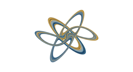 A futuristic 3D rendering of an abstract atomic symbol with interwoven elliptical orbits in blue and gold hues, symbolizing science, technology, and complex systems