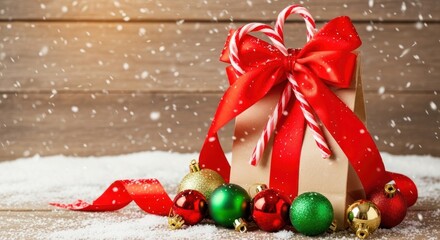 Christmas gift box with ornaments and candy canes in the snow