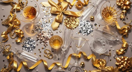 Festive celebration with golden ribbons, champagne glasses, and confetti.