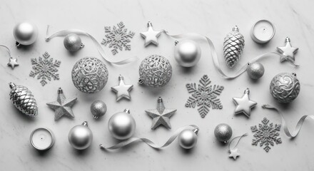 Silver Christmas ornaments arranged on a white marble surface.