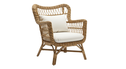 An elegant wicker armchair crafted from natural rattan, featuring soft white bouclé cushions and a high backrest, exuding a cozy and minimalist bohemian aesthetic