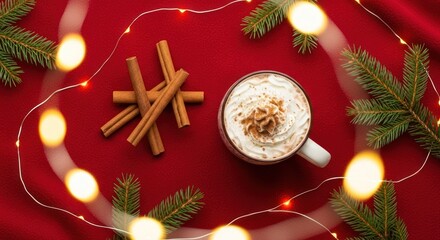 Cozy Christmas scene with hot chocolate and cinnamon