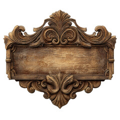 Ornate dark wood carved frame with empty rustic sign, black background
