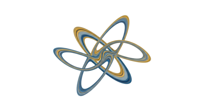 A futuristic 3D rendering of an abstract atomic symbol with interwoven elliptical orbits in blue and gold hues, symbolizing science, technology, and complex systems