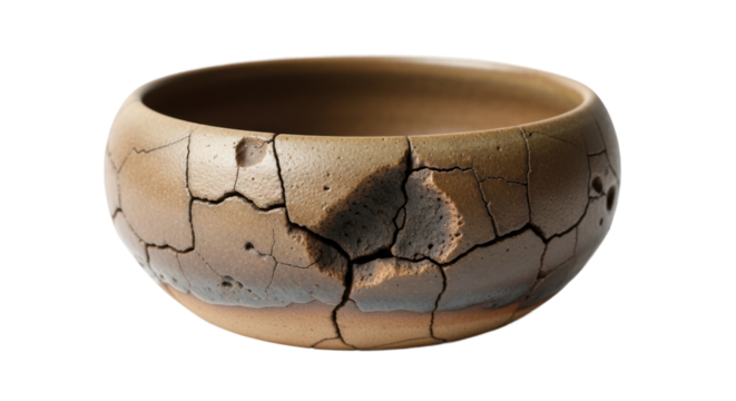 A rustic handmade ceramic bowl with a unique cracked texture and imperfect wabi-sabi aesthetic, showcasing traditional pottery craftsmanship in an artistic, minimalist style