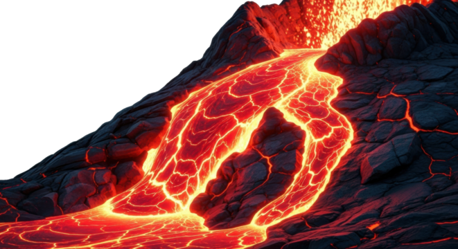 A powerful river of molten lava flows down a dark, rocky volcanic slope, its fiery surface glowing with intense red and yellow heat as it carves a path through the rugged terrain