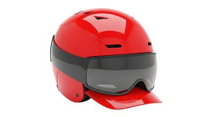 A modern red ski helmet with an integrated dark visor and chin guard, featuring a glossy finish and aerodynamic design for winter sports safety and performance