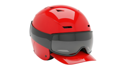 A modern red ski helmet with an integrated dark visor and chin guard, featuring a glossy finish and aerodynamic design for winter sports safety and performance