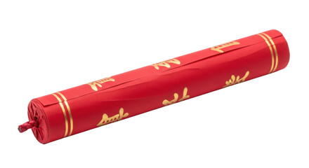 A vibrant red firecracker roll decorated with golden calligraphy symbols for a festive celebration, featuring a traditional pyrotechnic design and a visible fuse