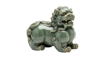 A traditional Asian guardian lion statue carved from beautiful green jade stone, featuring intricate details, a fierce expression, and a powerful, protective stance