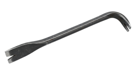 A weathered and scratched steel crowbar with a curved claw and flat prying end, a heavy-duty hand tool for demolition and construction work, is seen in a detailed close-up