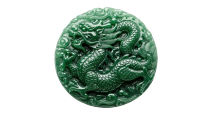 A round, polished green jade pendant with a highly detailed relief carving of a powerful mythological dragon, showcasing the glossy texture and traditional artistic style