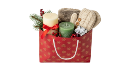 A festive red gift bag with a golden snowflake pattern is filled with cozy winter items like knitted mittens, candles, a fir branch with berries, and a small silver present