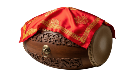 An elegant traditional barrel drum with an intricately carved wooden frame, a taut hide drumhead, and a luxurious red satin cloth with golden embroidered patterns and trim