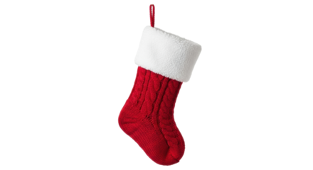 A cozy red woolen Christmas stocking featuring a detailed cable knit pattern and a fluffy white faux fur trim, a classic decoration for the winter holiday season