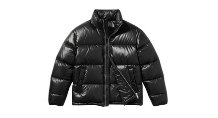 A modern black shiny puffer jacket with a high collar and silver zipper, showcasing a stylish and warm winter outerwear design for cold weather fashion and streetwear