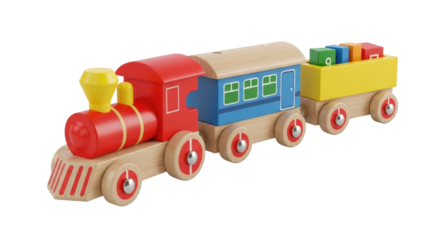 A classic children's toy train made of painted wood, featuring a red engine, a blue carriage, and a yellow wagon filled with colorful construction blocks