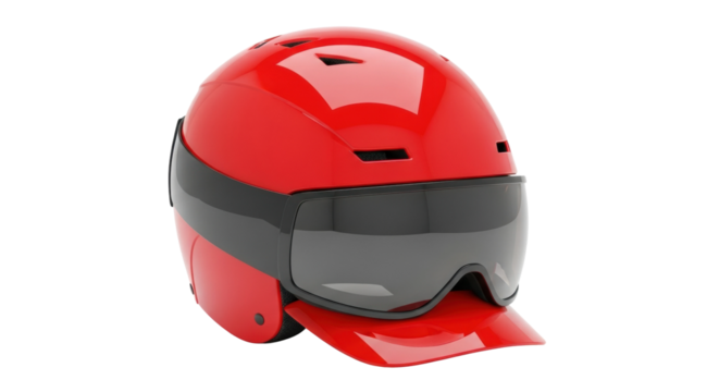 A modern red ski helmet with an integrated dark visor and chin guard, featuring a glossy finish and aerodynamic design for winter sports safety and performance