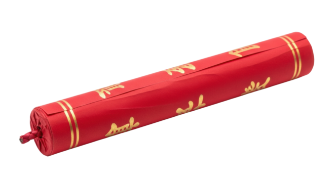 A vibrant red firecracker roll decorated with golden calligraphy symbols for a festive celebration, featuring a traditional pyrotechnic design and a visible fuse