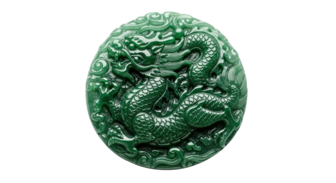 A round, polished green jade pendant with a highly detailed relief carving of a powerful mythological dragon, showcasing the glossy texture and traditional artistic style