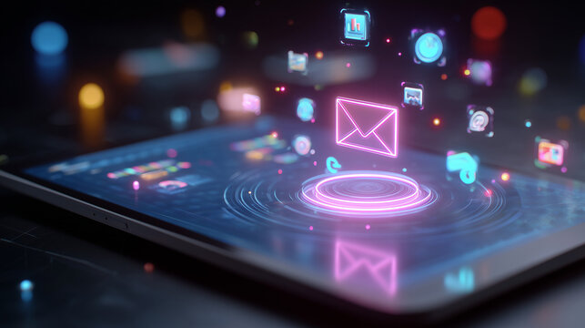  Email marketing futuristic holographic communication dashboard visualization.
 - Powered by Adobe