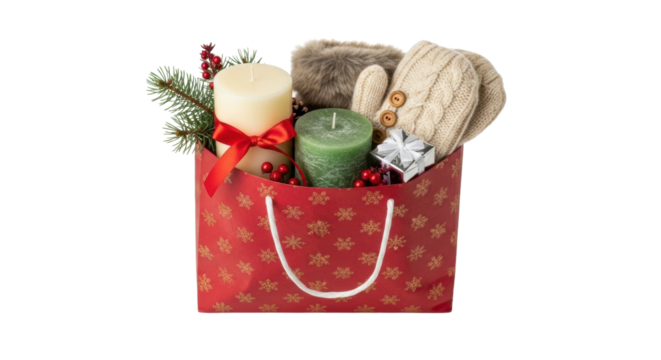 A festive red gift bag with a golden snowflake pattern is filled with cozy winter items like knitted mittens, candles, a fir branch with berries, and a small silver present