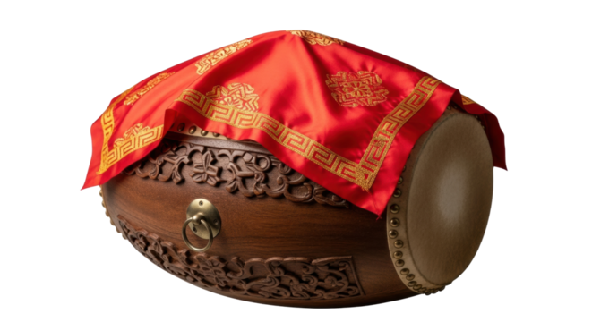 An elegant traditional barrel drum with an intricately carved wooden frame, a taut hide drumhead, and a luxurious red satin cloth with golden embroidered patterns and trim