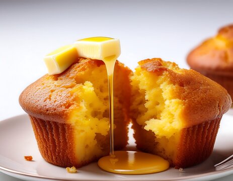 Macro, white background, soft cornbread muffin cut in half with melted butter