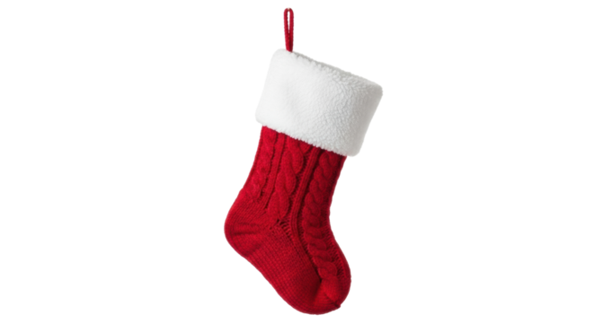 A cozy red woolen Christmas stocking featuring a detailed cable knit pattern and a fluffy white faux fur trim, a classic decoration for the winter holiday season