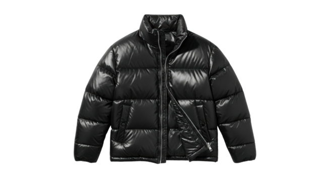 A modern black shiny puffer jacket with a high collar and silver zipper, showcasing a stylish and warm winter outerwear design for cold weather fashion and streetwear