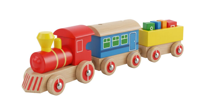 A classic children's toy train made of painted wood, featuring a red engine, a blue carriage, and a yellow wagon filled with colorful construction blocks