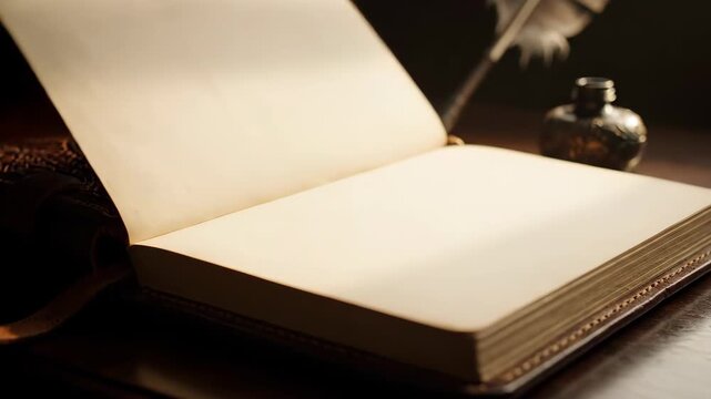Ornate Antique Leather Book with Open Pages and Writing Quill