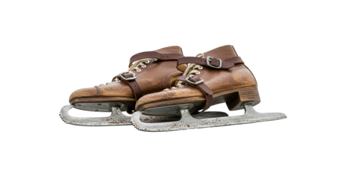 A pair of retro wooden and leather ice skates with weathered metal blades and buckle straps, evoking a sense of nostalgia for classic winter recreation and sport