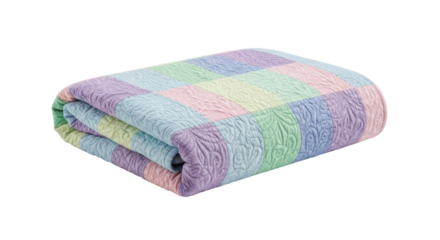 A cozy, folded bedspread with a colorful patchwork design of pastel squares, showcasing intricate quilted stitching and a soft, plush texture perfect for a comfortable bedroom