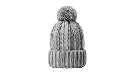 A cozy grey knitted winter beanie hat with a chunky ribbed texture, a folded cuff, and a fluffy pom-pom on top, perfect for cold weather and seasonal fashion